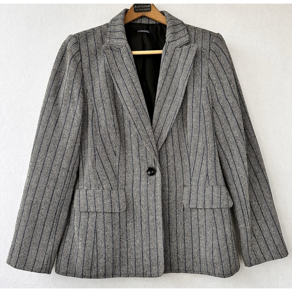 Chadwicks Wool Blend Blazer Jacket Lined Women's Large Black White Tweed Career